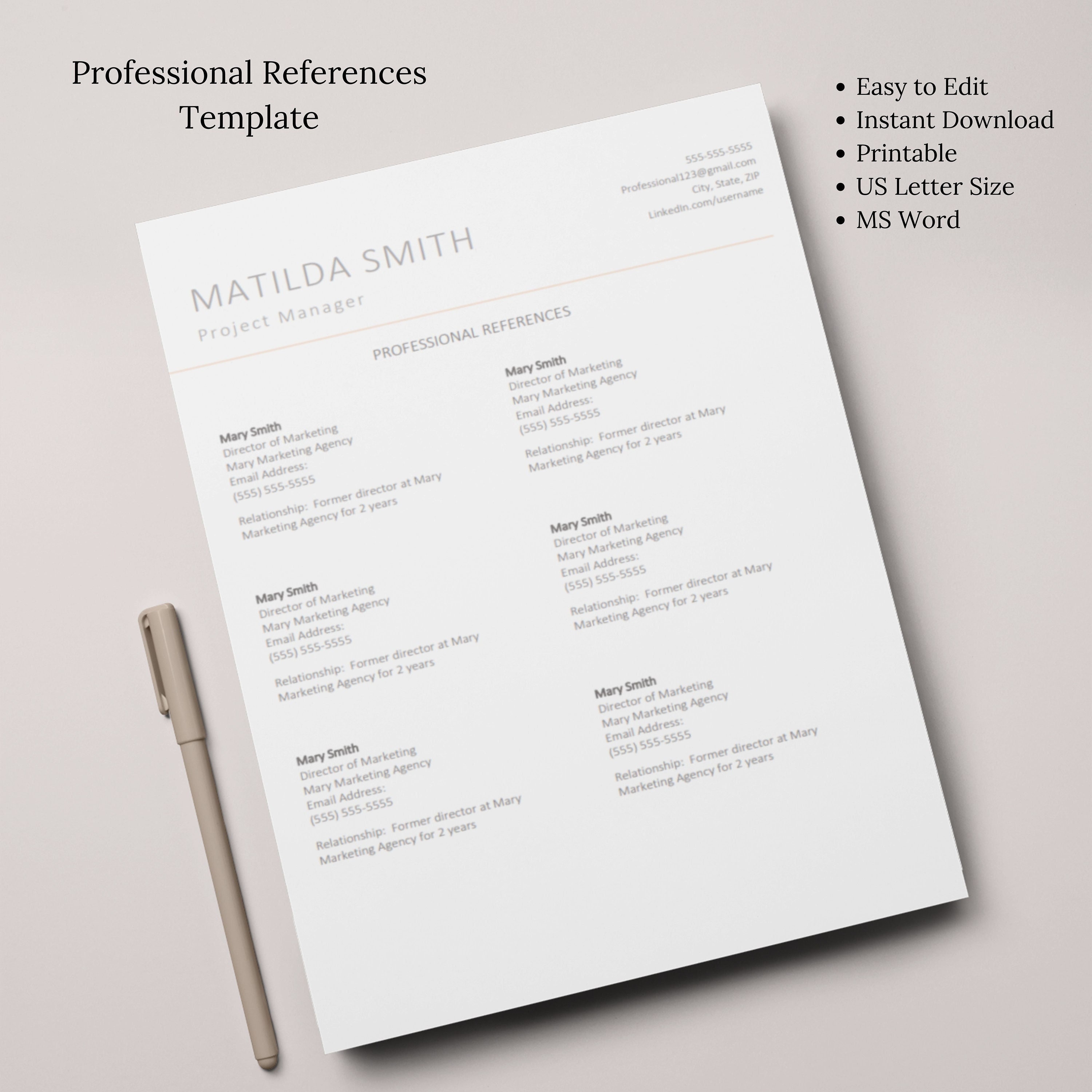 Clean and Professional References Template Easy to Customize, Instant