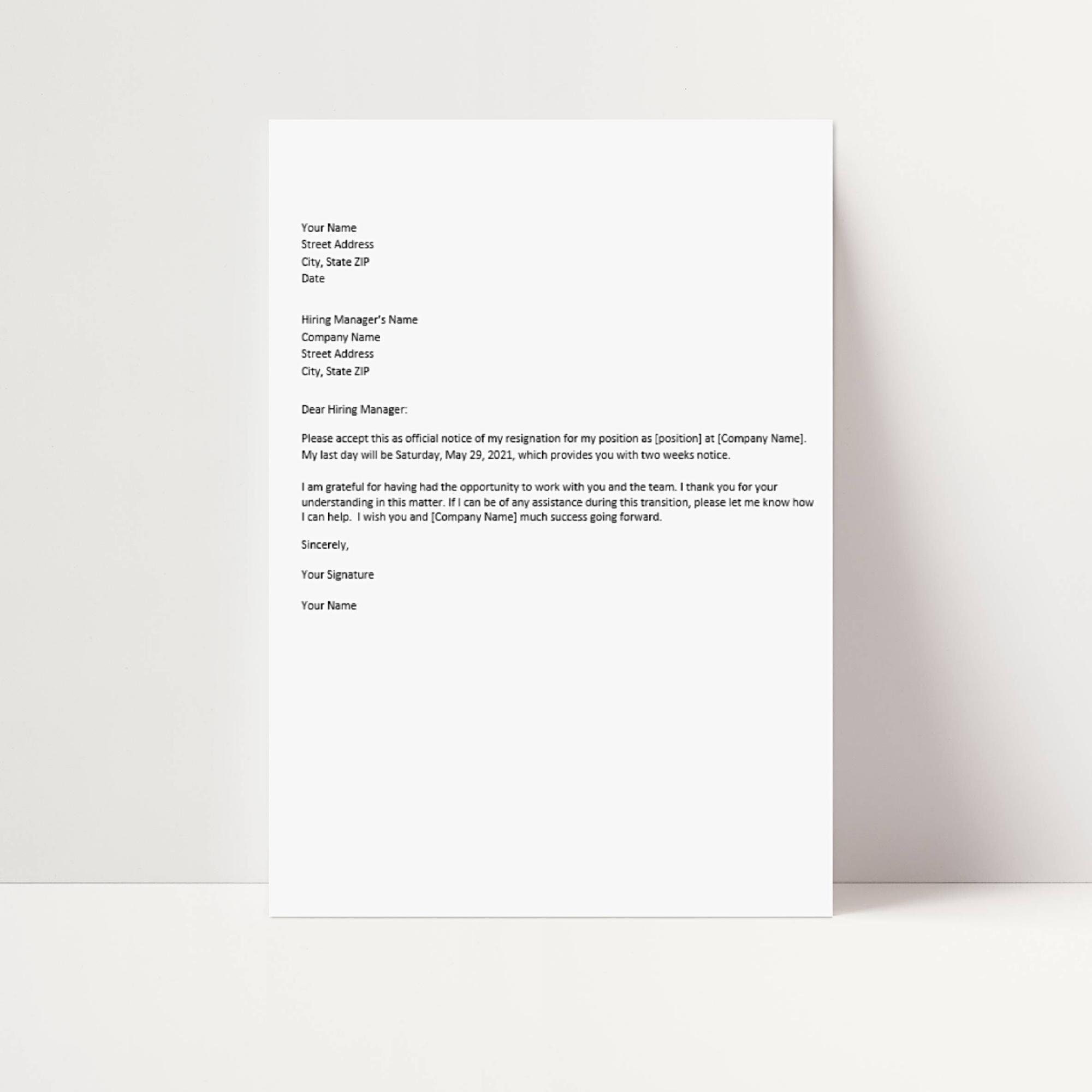 resignation letter template