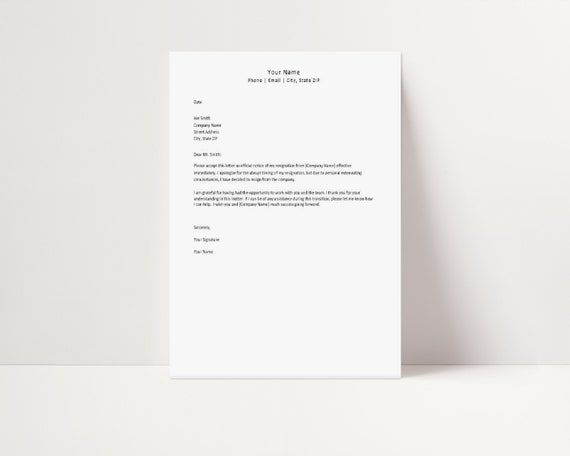 Immediate Resignation Letter Template Resignation Letter Etsy Denmark