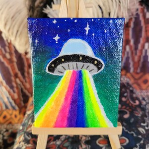 UFO trippy mini canvas art rainbow hippy acrylic painting | Etsy