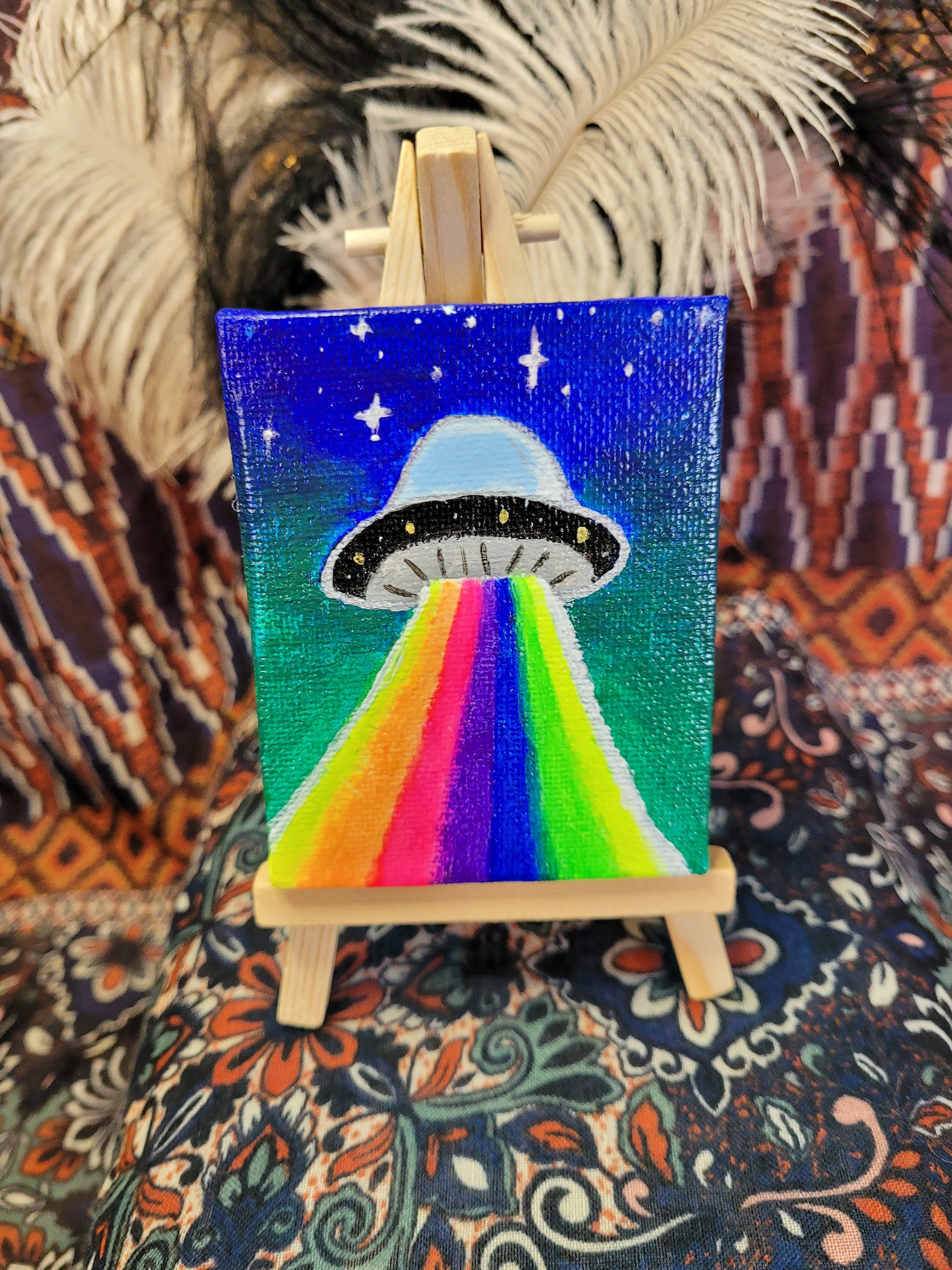 UFO trippy mini canvas art rainbow hippy acrylic painting | Etsy