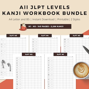 Save 20%! JLPT N1 - N5 Japanese Kanji Writing Practice Worksheets Bundle - Learn Japanese with Printable Digital Worksheets
