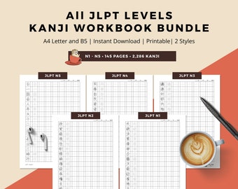 Save 20%! JLPT N1 - N5 Japanese Kanji Writing Practice Worksheets Bundle - Learn Japanese with Printable Digital Worksheets