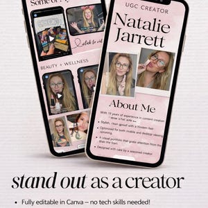 May include: Two smartphones displaying a portfolio design. One screen shows "Some of My Work" with video thumbnails. The other screen features "Natalie Jarrett, UGC Creator" with photos and "About Me" details. The design emphasizes a modern, clean layout.