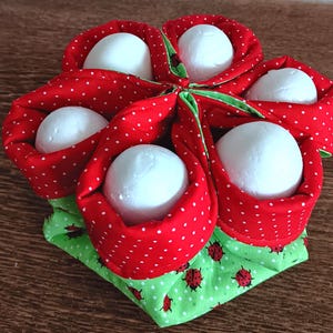 Könnte beinhalten: Ein handgefertigter Eierhalter in Blumenform. Er hat sechs rote, gepunktete Taschen, in denen jeweils ein weißes Ei liegt. Die Basis ist grün mit einem Marienkäfermuster. Ein charmantes Küchenaccessoire.