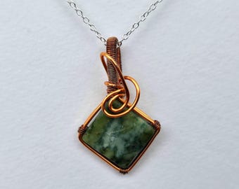 Wire Wrapped Serpentine Pendant: Handmade Copper Necklace