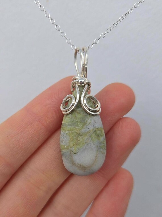 Serpentine Pendant Silver Wire Wrap Artisanal Small Necklace