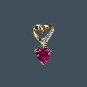 Pendiente colgante de corazón de diamantes y rubíes de 14 k