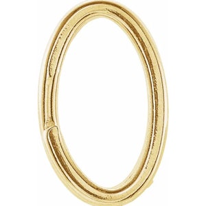 May include: A gold-coloured, oval-shaped ring with a hinged clasp. The ring is made of a shiny, polished metal, and the design is simple and elegant. The ring is a jewelry item.