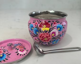 PINK Sugar Bowl  - Fair Trade  Kashmiri - Floral Gypsy Style Stainless steel Ghee Pot / Sugar Pot/ perfect for gift.