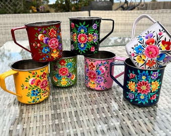 Hand painted Mugs - Flower Designs- Fair Trade - Colorful Kashmiri Enamelware  Mug