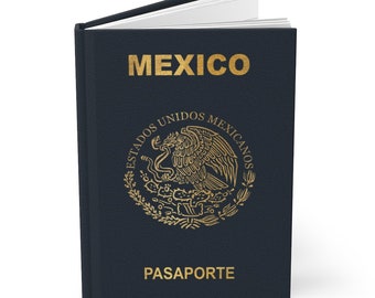 May include: A dark blue passport with the word "MEXICO" in gold lettering. The front cover features the Mexican coat of arms, a golden eagle perched on a cactus with a snake in its beak. The words "ESTADOS UNIDOS MEXICANOS" and "PASAPORTE" are also in gold lettering.