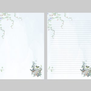 Papeles para escribir cartas de tamaño A4 y 8,5" x 11". Descarga digital 4 archivos PDF. Imagen de flores y pájaros.