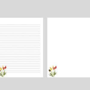 Papeles para escribir cartas de tamaño A4 y 8,5" x 11". Descarga digital 4 archivos PDF. Imagen de flores de tulipán