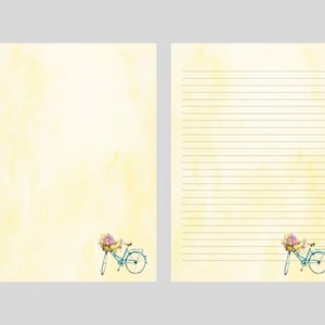 Puede incluir: Un conjunto de papelería imprimible con una estética vintage. El papel tiene un aspecto amarillento y envejecido y presenta una bicicleta azul con una cesta de flores. La segunda hoja tiene papel rayado para escribir.