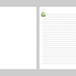 May include: A printable stationery template with a geometric terrarium design featuring a succulent plant. The template has lined paper on the right side and blank space on the left side.