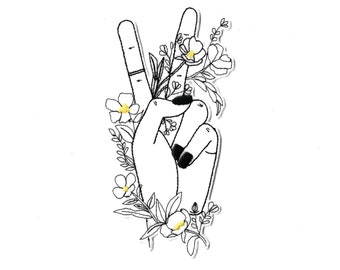 Large patch patch thermosticking hand fingers peace victory with flowers.