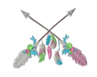 Parche grande termoadhesivo con flechas y plumas bohemias – parche bordado estilo boho – parche tribal chic – personalización de bolsos