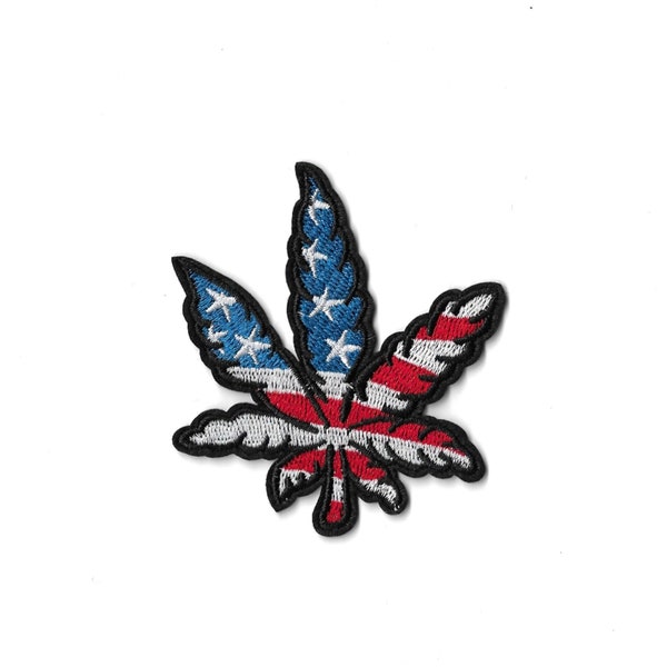 Ecusson brodé thermocollant feuille de cannabis Americain patch brodé thermocollant applique feuille de cannabis drapeau Américain.