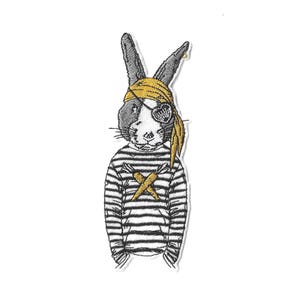 May include: An embroidered patch featuring a rabbit wearing a yellow bandana, a heart-shaped eye patch, and a black and white striped long-sleeve shirt. The shirt displays two crossed yellow carrots on the chest, rendered in detailed thread work.