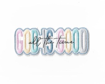 Parche termoadhesivo grande “Dios es bueno” – parche bordado en tonos pastel – parche con mensaje positivo – para personalizar ropa y bolsos – estilo moderno