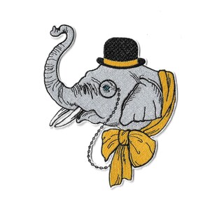 Large iron-on patch of a chic embroidered elephant with a monocle – animal patch with hat and bow – clothing customization