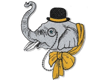 Parche termoadhesivo grande de un elegante elefante bordado con monóculo – parche de animal con sombrero y lazo – personalización de ropa
