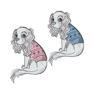 Large iron-on patch featuring a cute embroidered Cavalier King Charles Spaniel with a pink or blue sweater – garment applique for customizing textiles