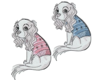 Parche termoadhesivo grande con un adorable Cavalier King Charles Spaniel bordado con un suéter rosa o azul; aplique para personalizar textiles.