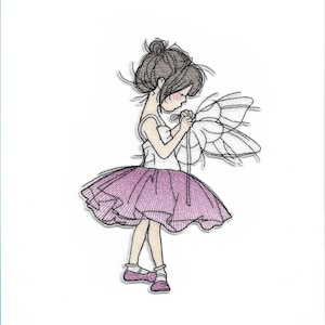 May include: Embroidered patch featuring a young girl in a white top and a purple tutu, holding a delicate, white, wing-like object. Her hair is styled in a bun. She wears pink shoes. The design is detailed with black outlines and shading.