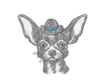 Parche termoadhesivo de perro Chihuahua – parche bordado con sombrero – parche de animal con estilo – personalización de ropa y bolsos.
