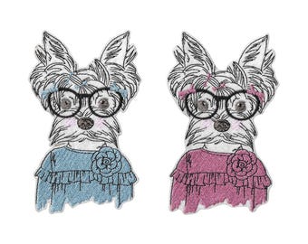 Parche termoadhesivo grande de un elegante perro Yorkshire Terrier antropomórfico para vestido: parche bordado femenino con detalles brillantes para personalizar la prenda.