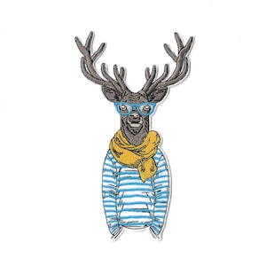 Aplique termocolante grande bordado de veado humanizado em estilo hipster – aplique original de animal – óculos e camisa listrada estilo bretão – personalização de roupas