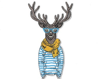 Parche termoadhesivo grande bordado estilo hipster con un ciervo humanizado – parche de animal original – gafas y camisa de rayas bretonas – personalización de ropa