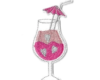 Parche termoadhesivo rosa para cóctel – parche bordado de verano – parche divertido para bebidas – personalización de ropa y bolsos – bordado artesanal