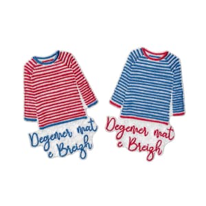 May include: Two embroidered patches shaped like long-sleeved shirts. One is red and white striped, the other is blue and white striped. Each has the text "Degemer mat e Breizh" in script on a white cloud-shaped base.