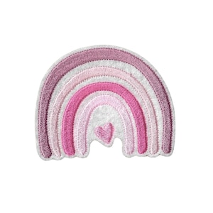 Può includere: Toppa arcobaleno ricamata nelle tonalità del rosa e del viola, con un piccolo cuore in basso. La toppa ha uno sfondo in feltro bianco ed è adatta per abbigliamento o accessori.
