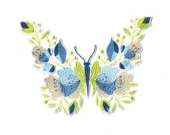 Large thermo-adhesive patch Thermosticking patch Butterfly wall lamp flowering blue flowers.