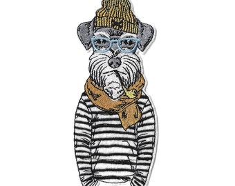Parche termoadhesivo grande con diseño de perro hipster – Parche bordado con perro, sombrero y gafas – Parche original para chaqueta o bolso – Bordado artesanal