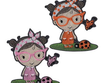 Parche grande retro bordado termoadhesivo para niñas – diseño de gafas y mariquita – fieltro gris – personalización de ropa