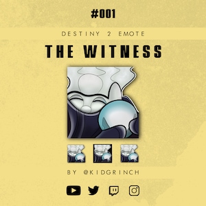 Puede incluir: Una ilustración digital de The Witness, un personaje del videojuego Destiny 2, en un esquema de color blanco y negro. The Witness se representa con una cabeza grande, blanca, en forma de orbe y un cuerpo negro. The Witness sostiene un orbe blanco más pequeño en sus manos. La imagen está etiquetada como "#001 Destiny 2 Emote The Witness" y "By @KidGrinch".