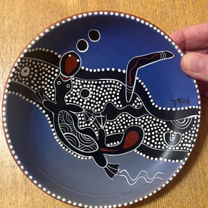 Hand Painted Aboriginal Art, Terracotta Dish/Plate Blue Platypus Signed D Bonn