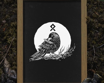 Muninn Raven Poster | Norse Mythology, Viking Folk Art (Altar Decor)| HUMAN MADE, No ai