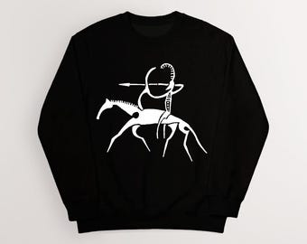 Horseback Archer Petroglyph Sweatshirt | Norse Mythology Viking Art Apparel | Cotton Unisex Pagan, Heathen | HUMAN MADE, No ai