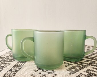 Set of 3 Vintage Kig Indonesia Opaque Sheen Green Mugs Flashed Glass