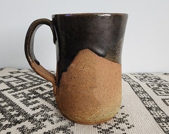 Vintage Extra Large Handmade Ceramic Mug with Gunmetal Gray Drip Glaze Detail