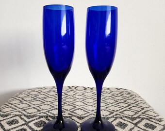 Vintage Pair of Cobalt Blue Libbey Glass Champagne Flutes