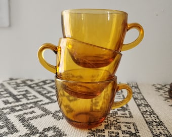 Vintage Set of 3 Amber Glass Teacup Mugs