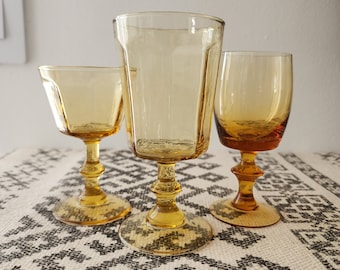 Vintage Set of 3 Mismatched Amber Glasses