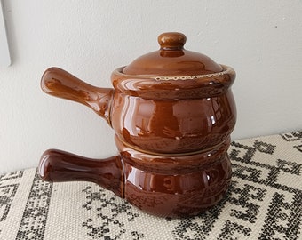 Set of 2 Vintage Stoneware Soup Bowls with Lids